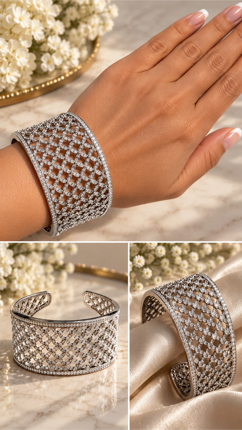 Silver Tone Cuff Bracelet with Geometric Pattern