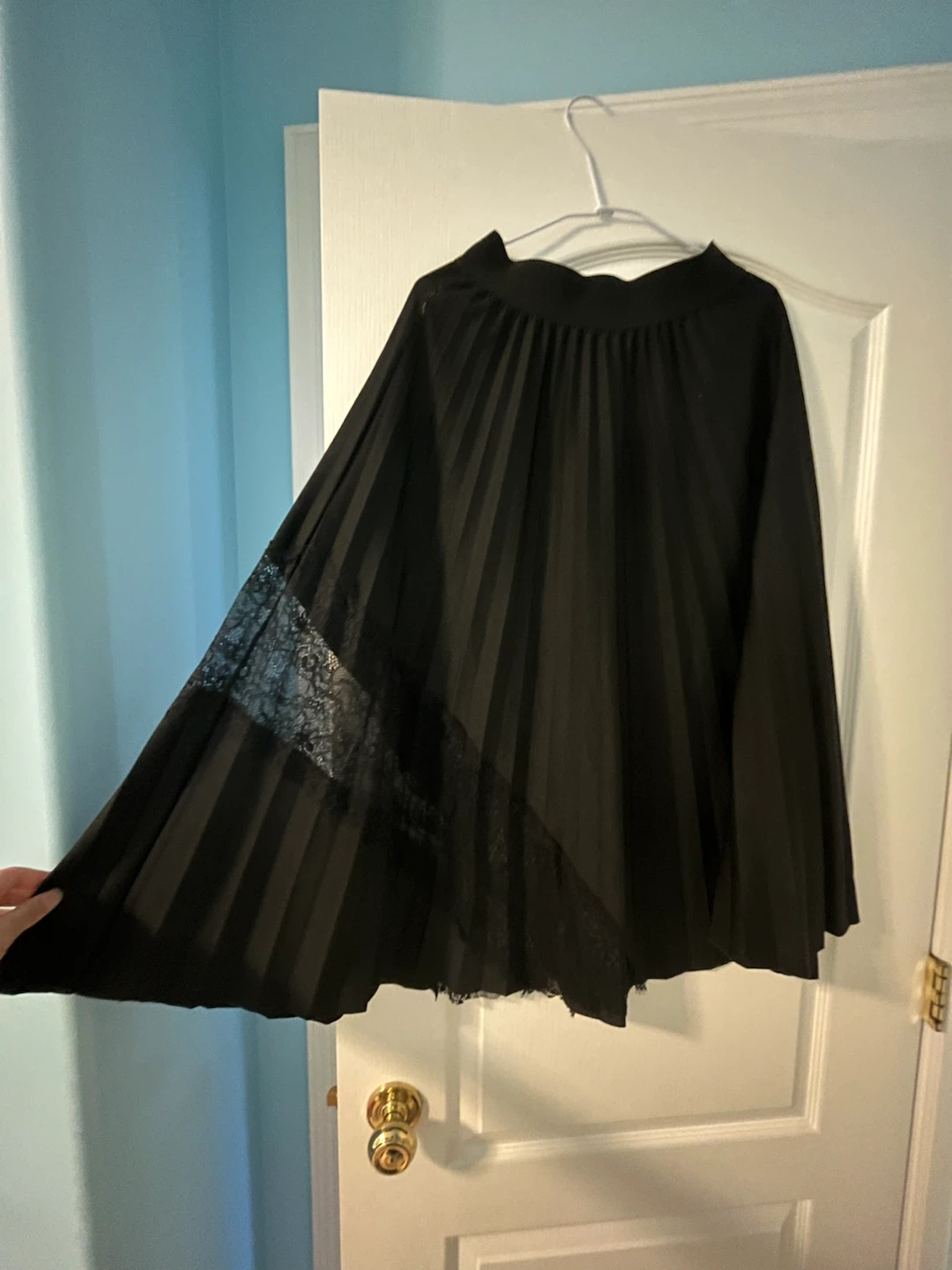 Black Pleated Midi Skirt with Lace Detail