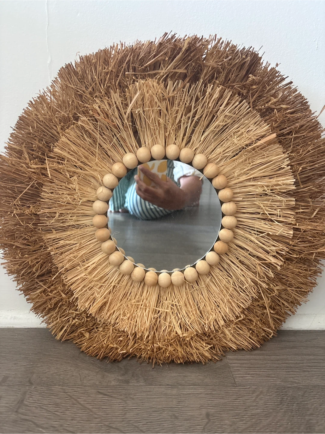 Round Straw and Wooden Bead Mirror