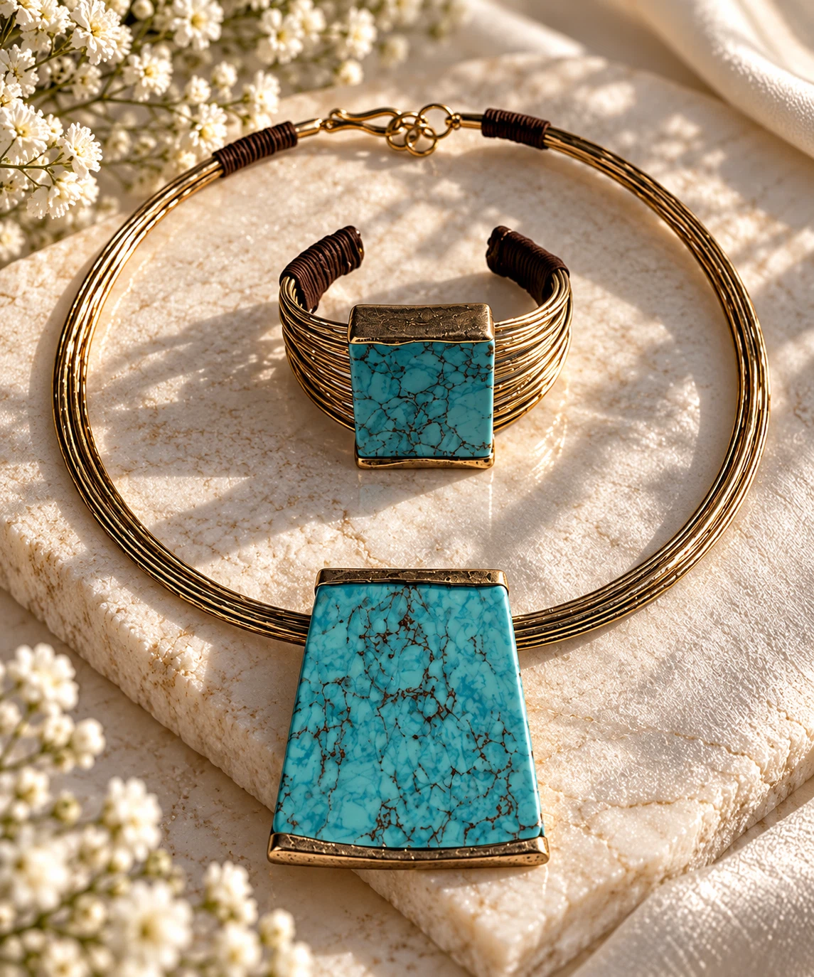 Turquoise Pendant Necklace with Gold-Tone Wire