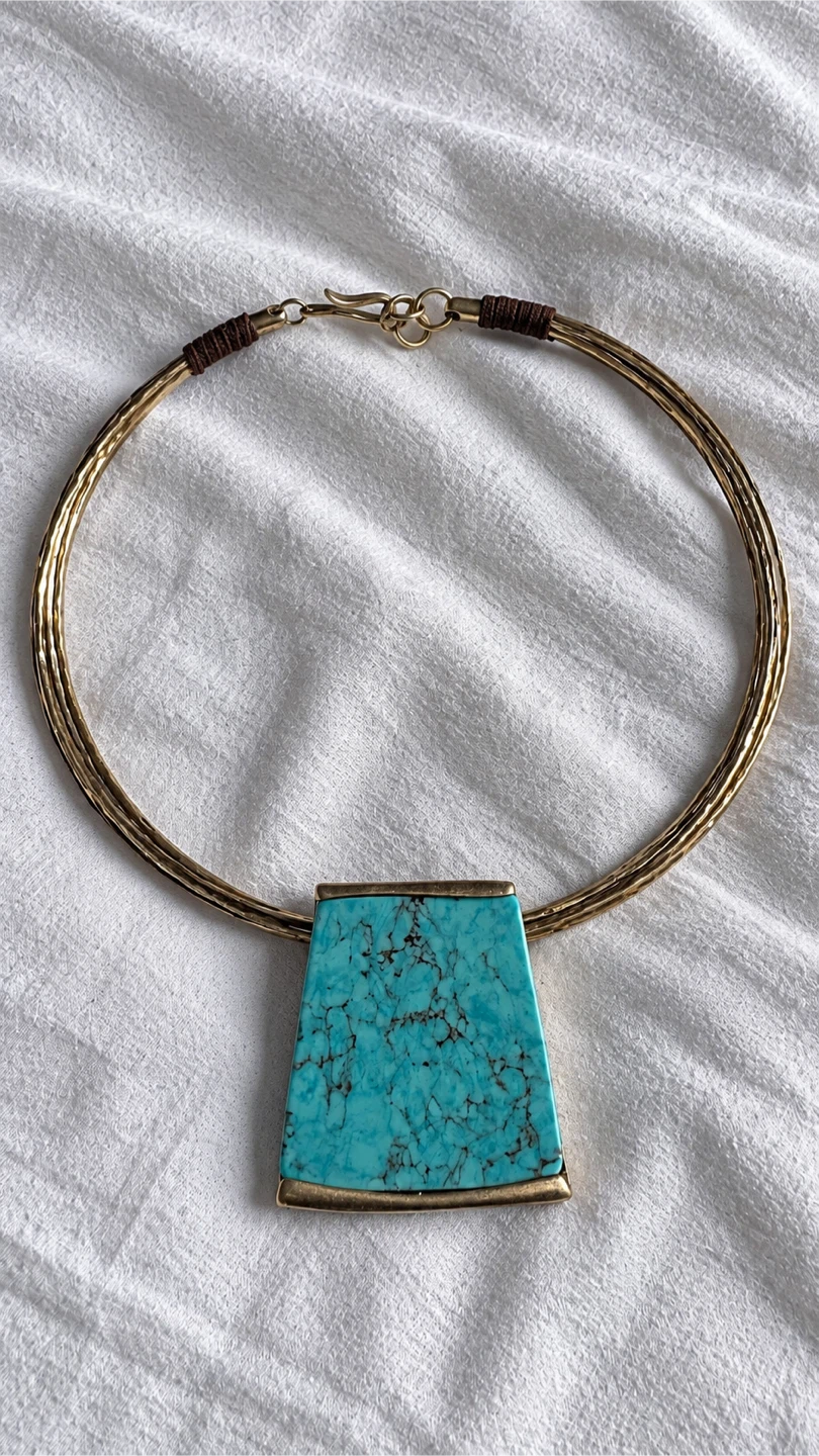 Turquoise Pendant Necklace with Gold-Tone Wire - photo 2