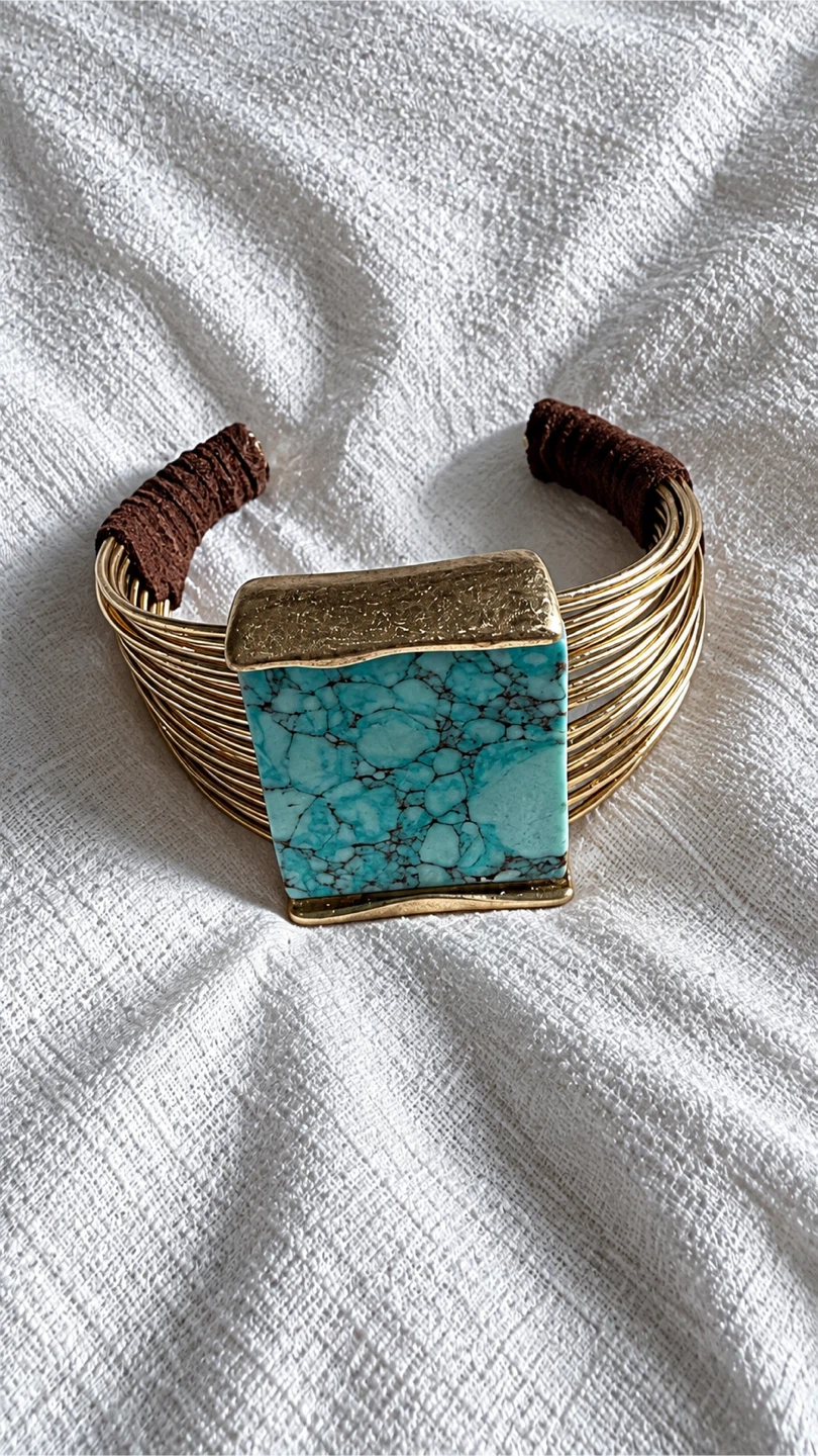 Turquoise Pendant Necklace with Gold-Tone Wire - photo 3