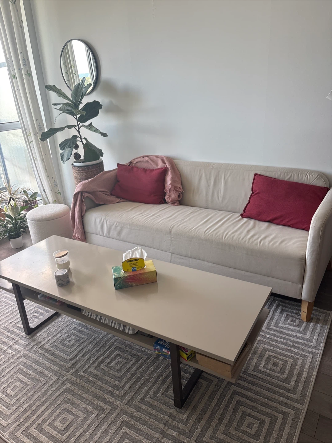 Cream fabric sofa with wooden legs + Coffee table
