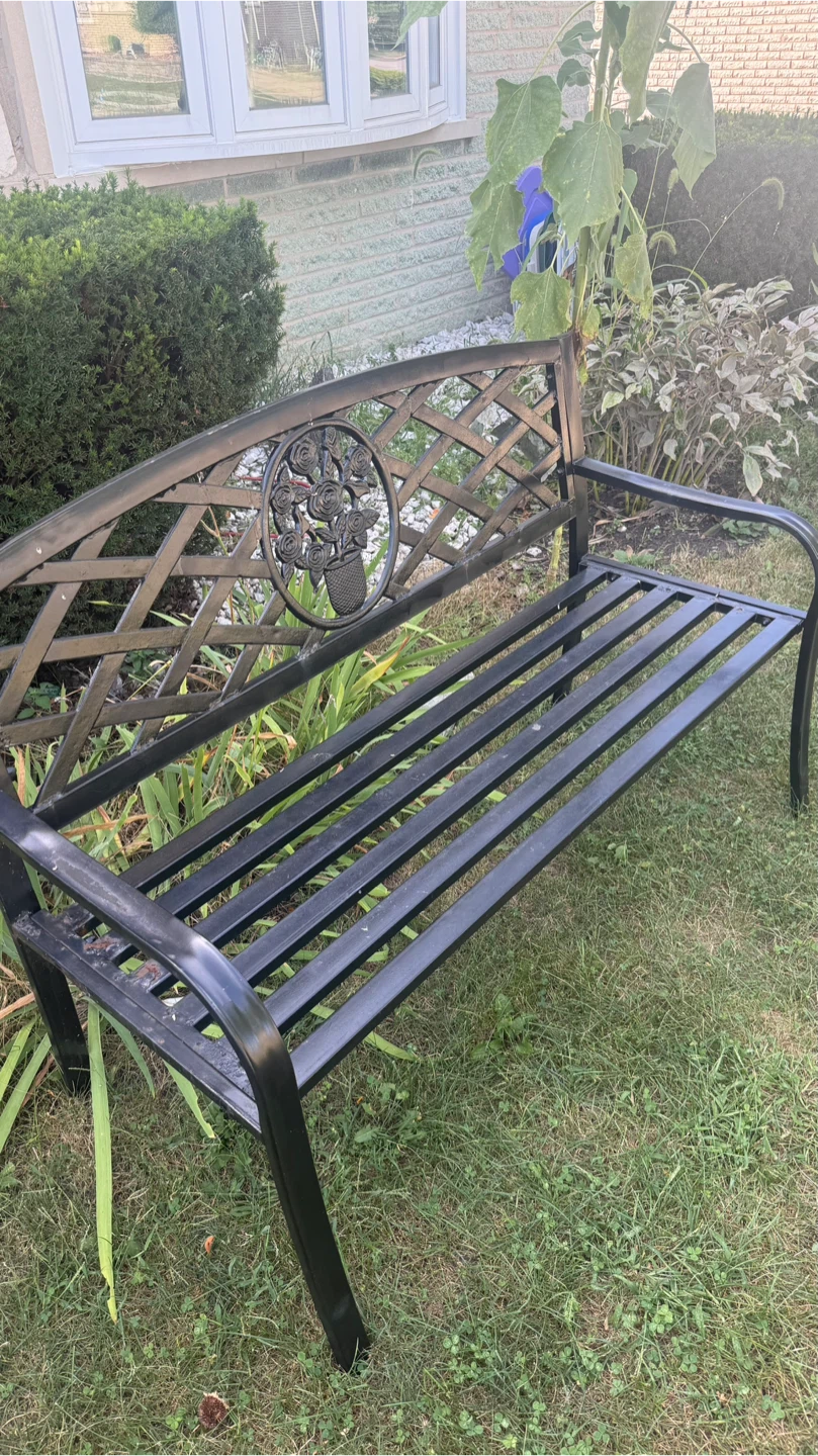 Black Metal Garden Bench with Rose Design