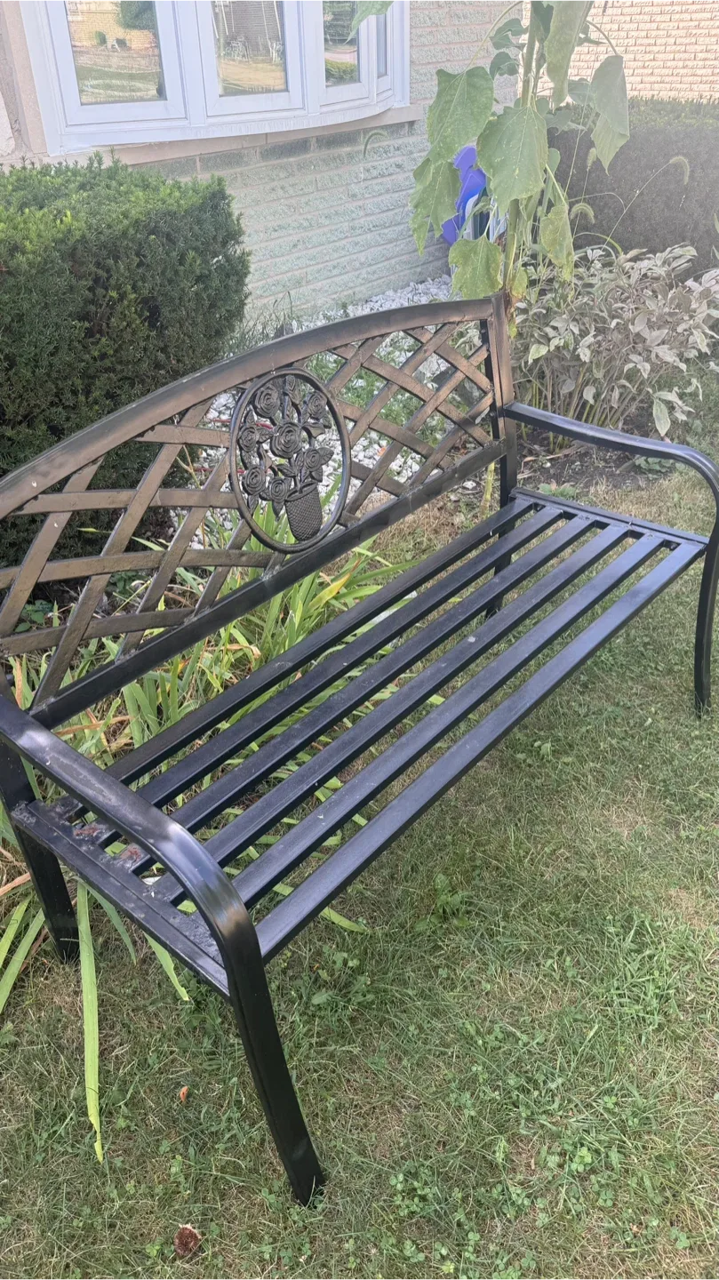 Black Metal Garden Bench with Rose Design
