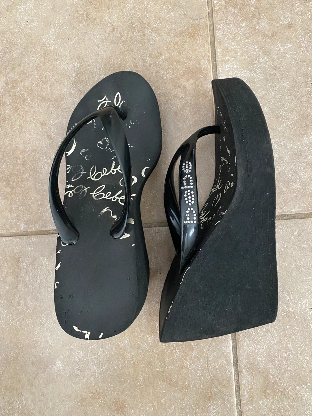 Bebe Black Wedge Flip Flops