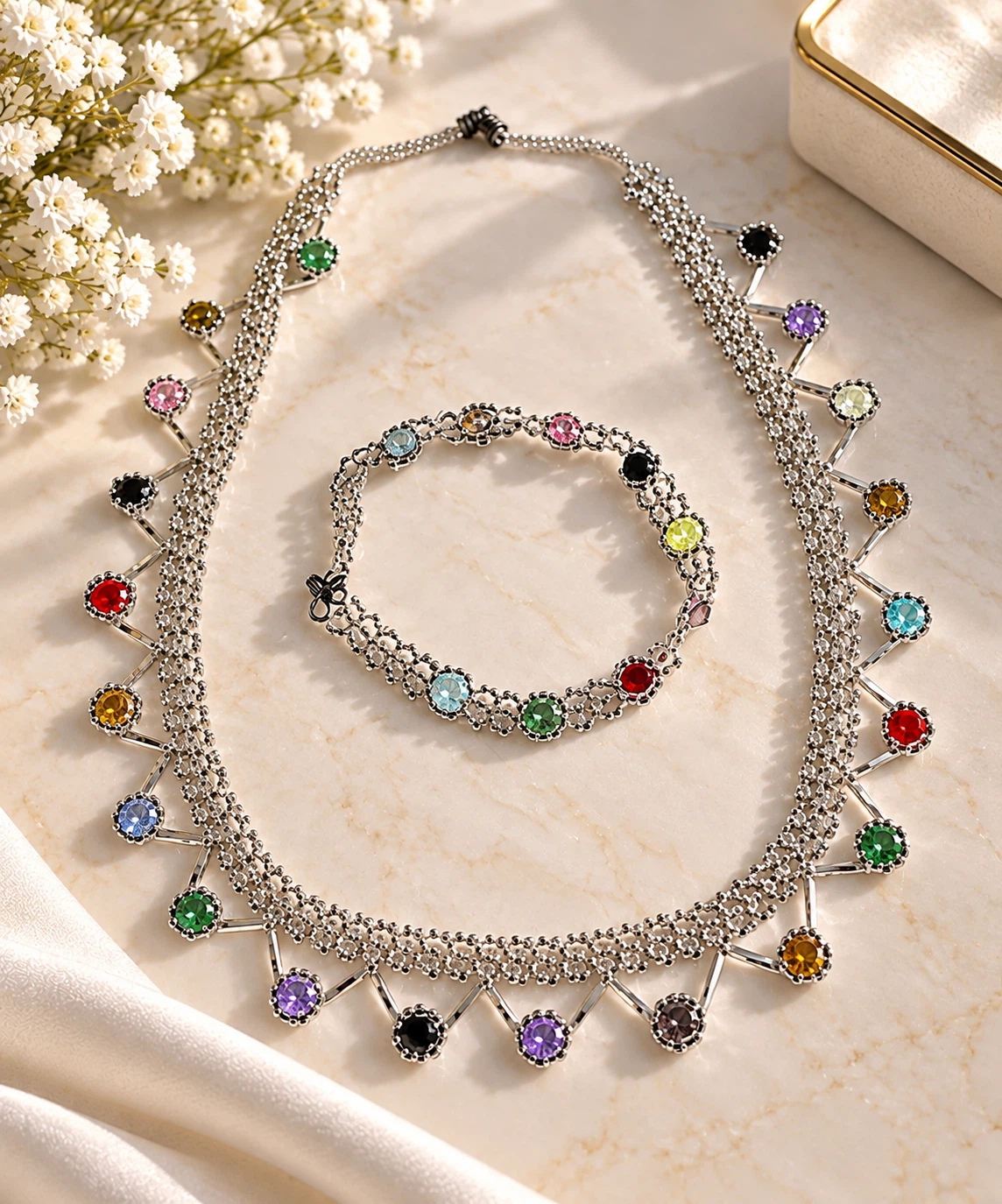 Beaded Necklace and Bracelet Set with Colorful Gems