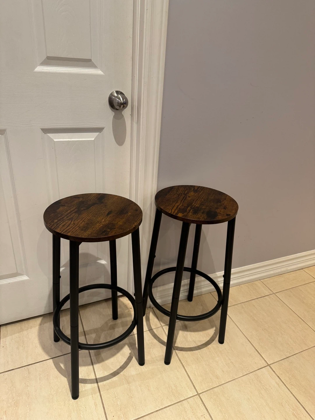 Set of 2 Bar Stools - Rustic Wood Top, Black Metal Frame