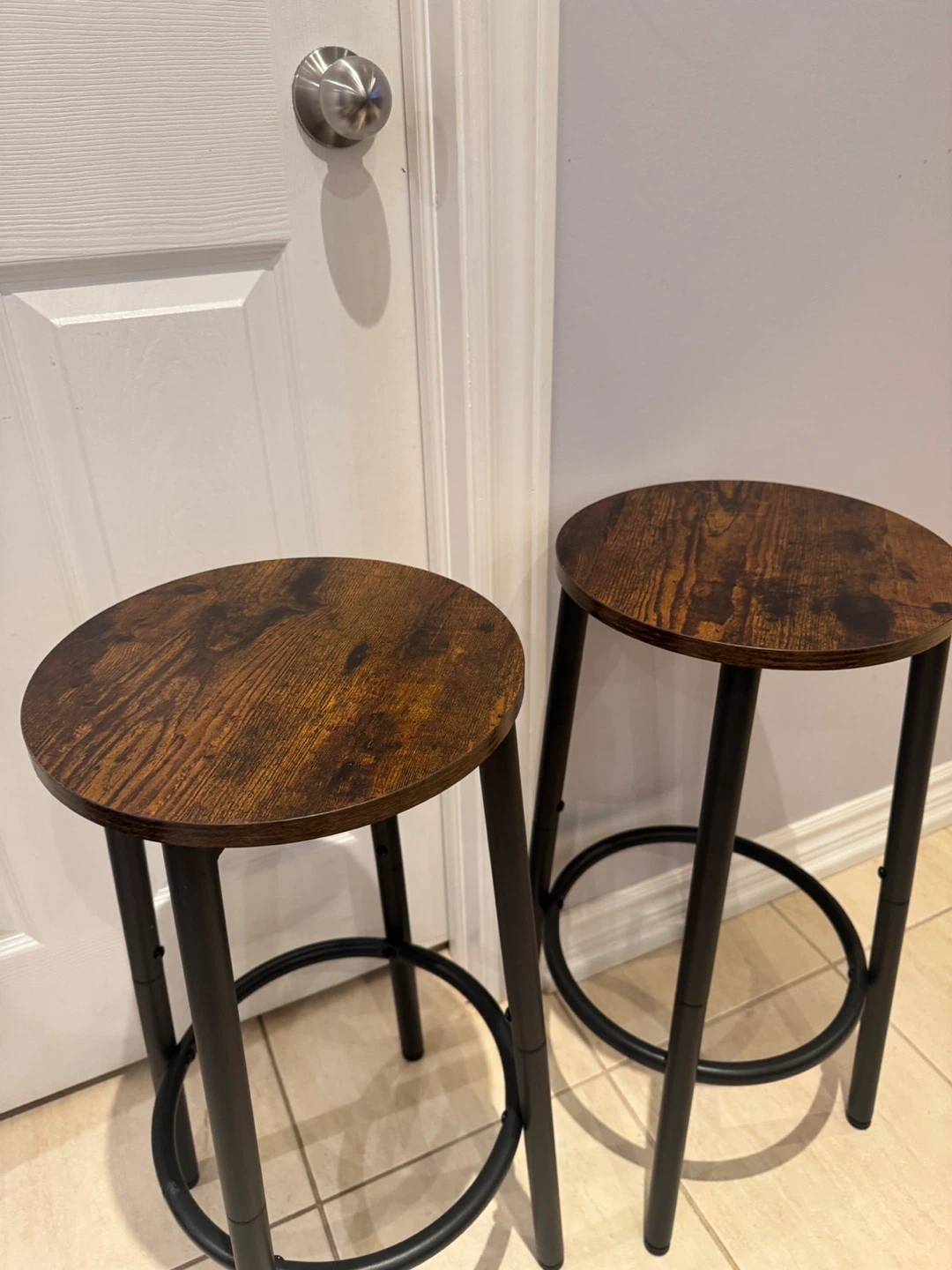 Set of 2 Bar Stools - Rustic Wood Top, Black Metal Frame - photo 3