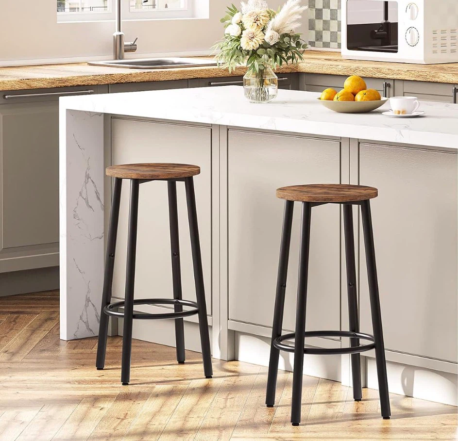 Set of 2 Bar Stools - Rustic Wood Top, Black Metal Frame - photo 4