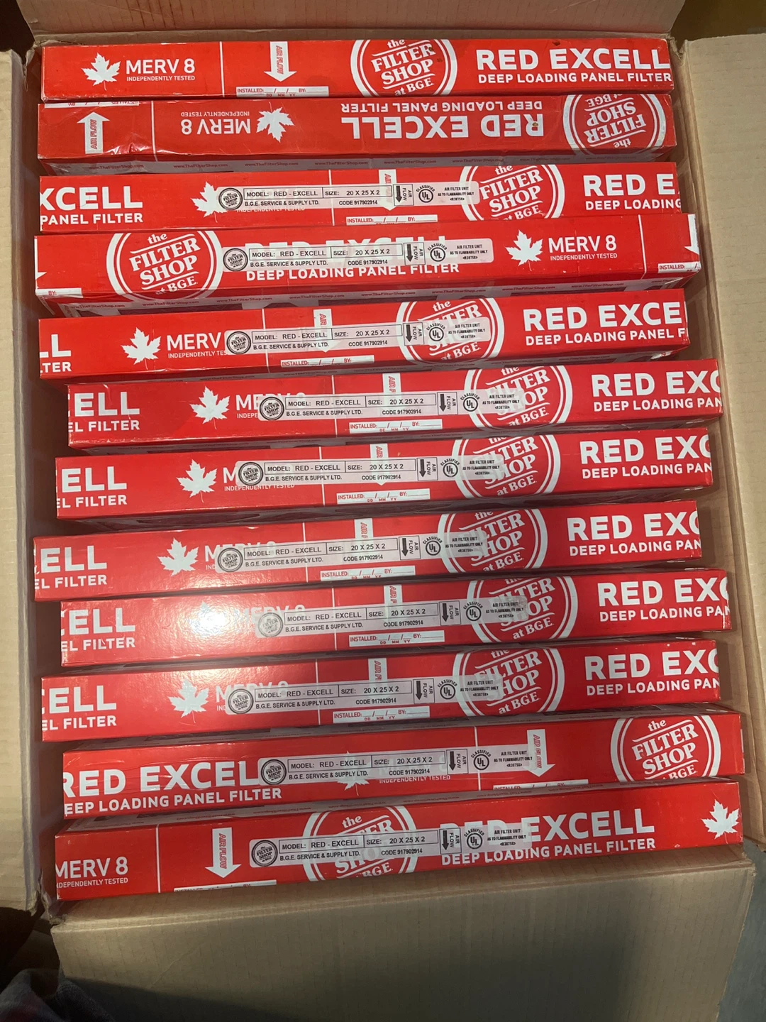 12 B.G.E. Red Excell Air Filters 20 x 25 x 2