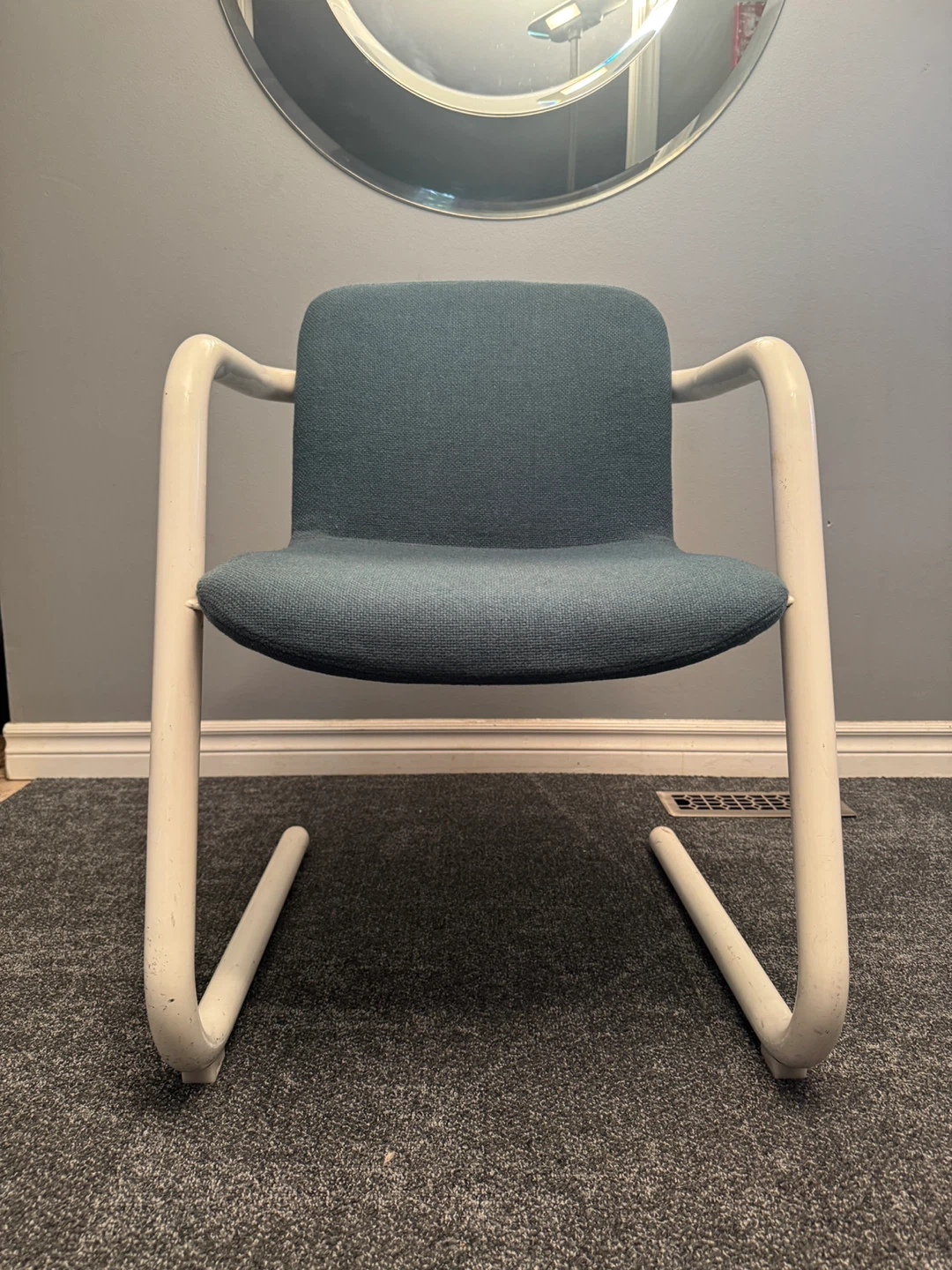 Blue Upholstered Armchair with White Frame