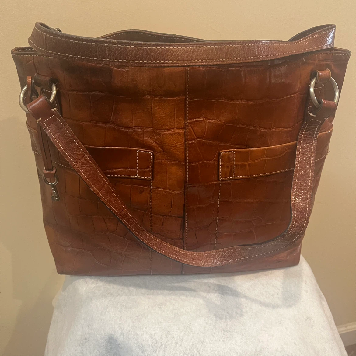 Fossil Brown Croc Embossed Leather Tote Bag