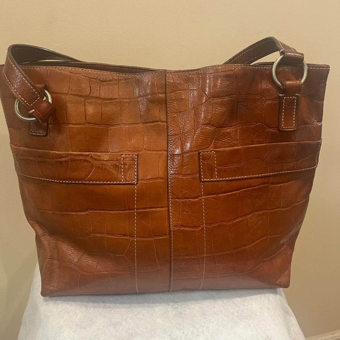 Fossil Brown Croc Embossed Leather Tote Bag - photo 2