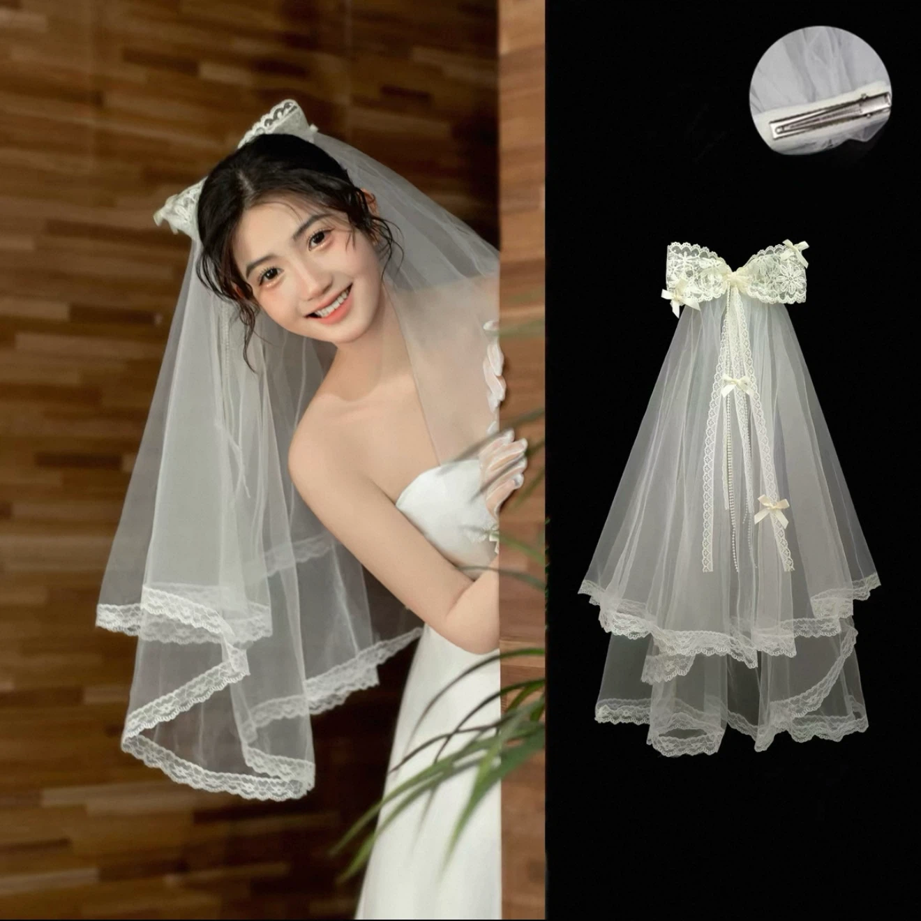 White Lace Bow Bridal Veil