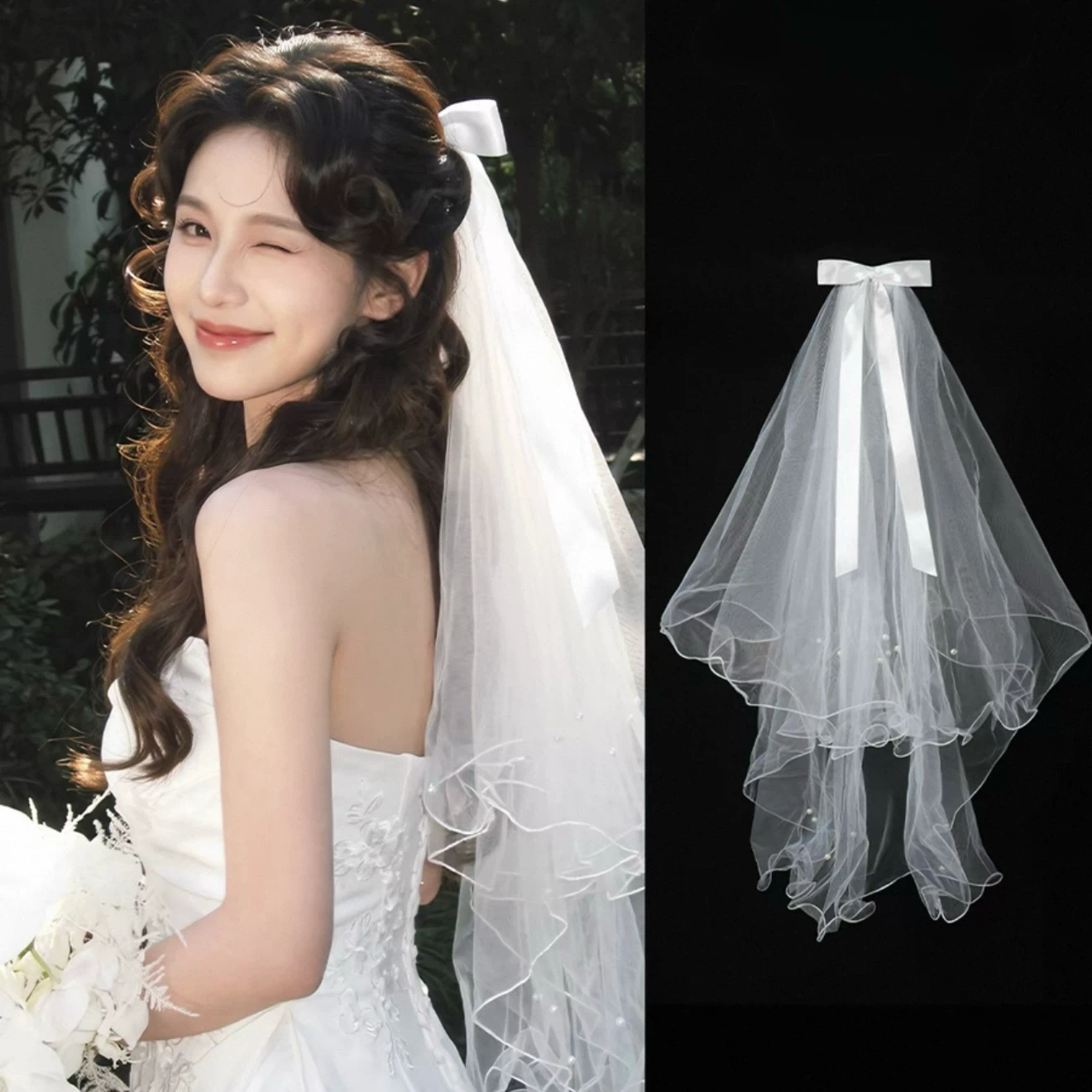 White Bridal Wedding Veil with Bow