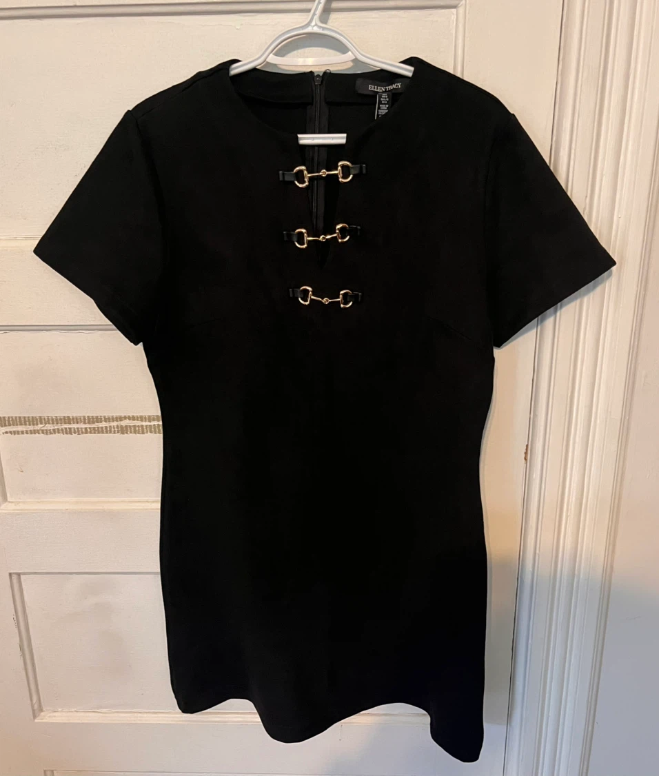 Black Mini Dress with Gold Buckle Detail (Size L)