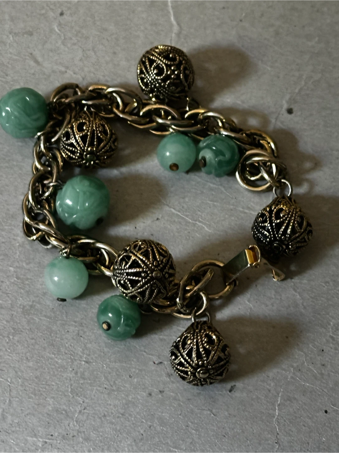 Vintage 1950s Faux Jade Filigree Charm Bracelet