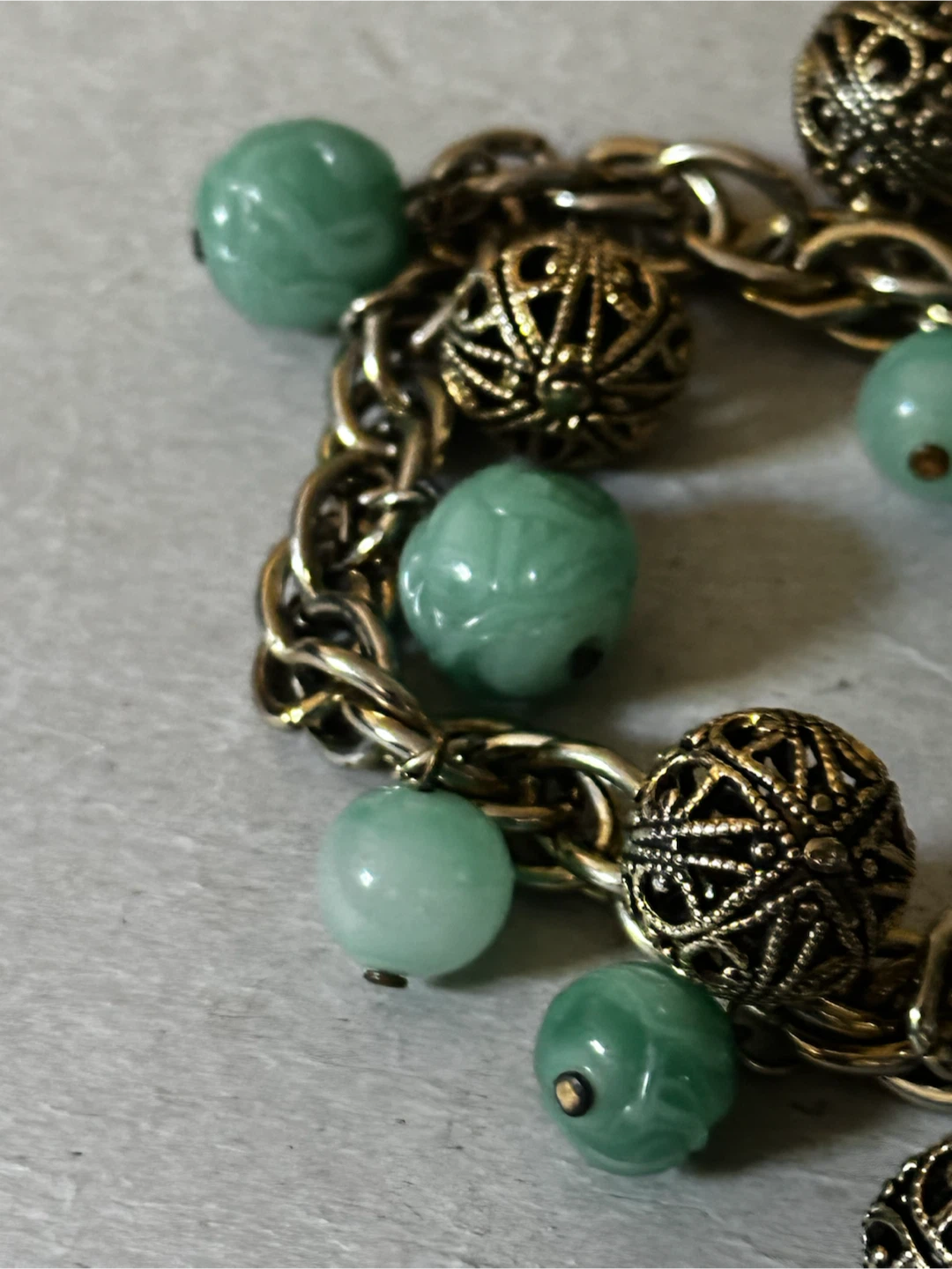 Vintage 1950s Faux Jade Filigree Charm Bracelet - photo 2