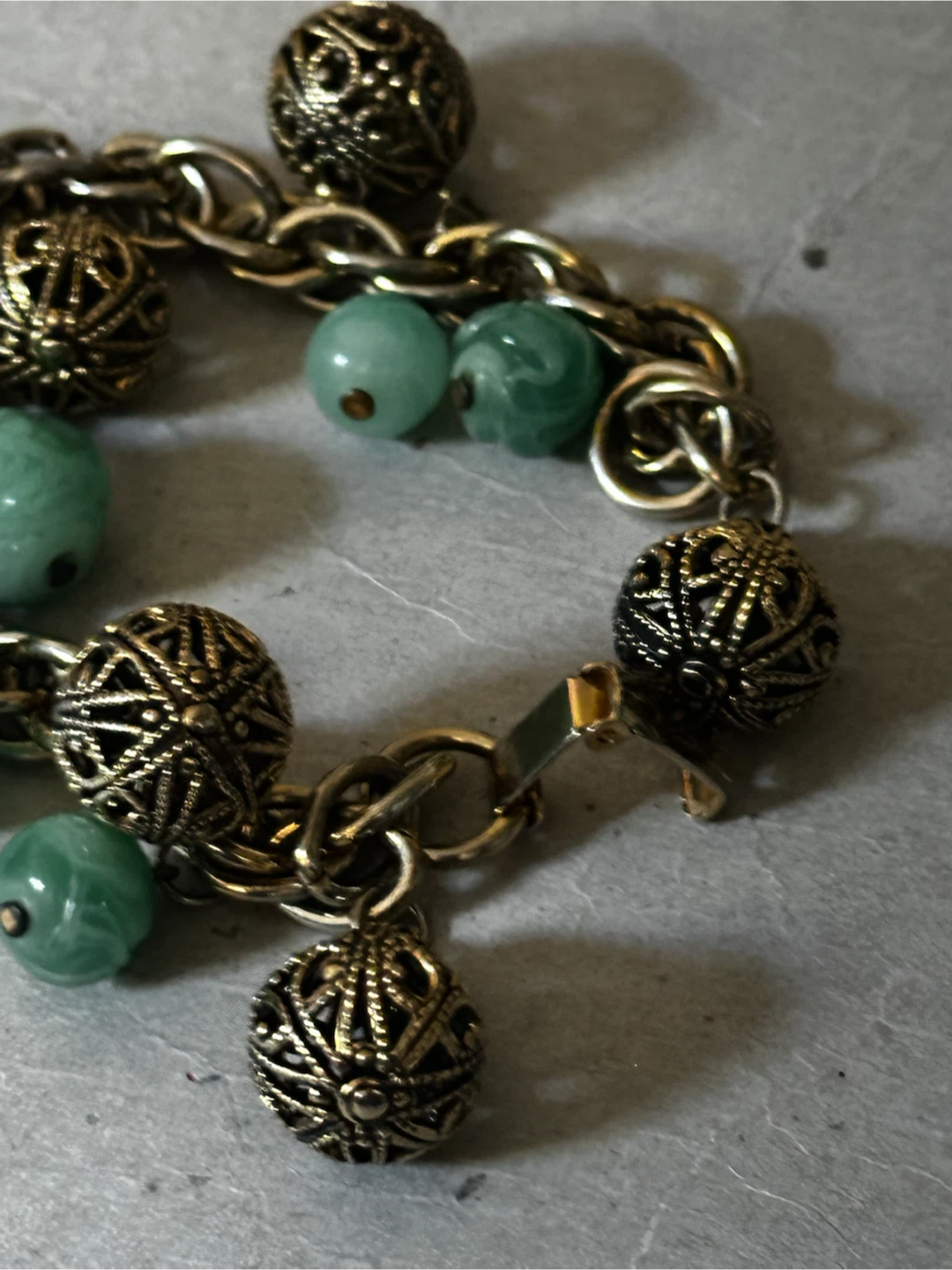 Vintage 1950s Faux Jade Filigree Charm Bracelet - photo 3