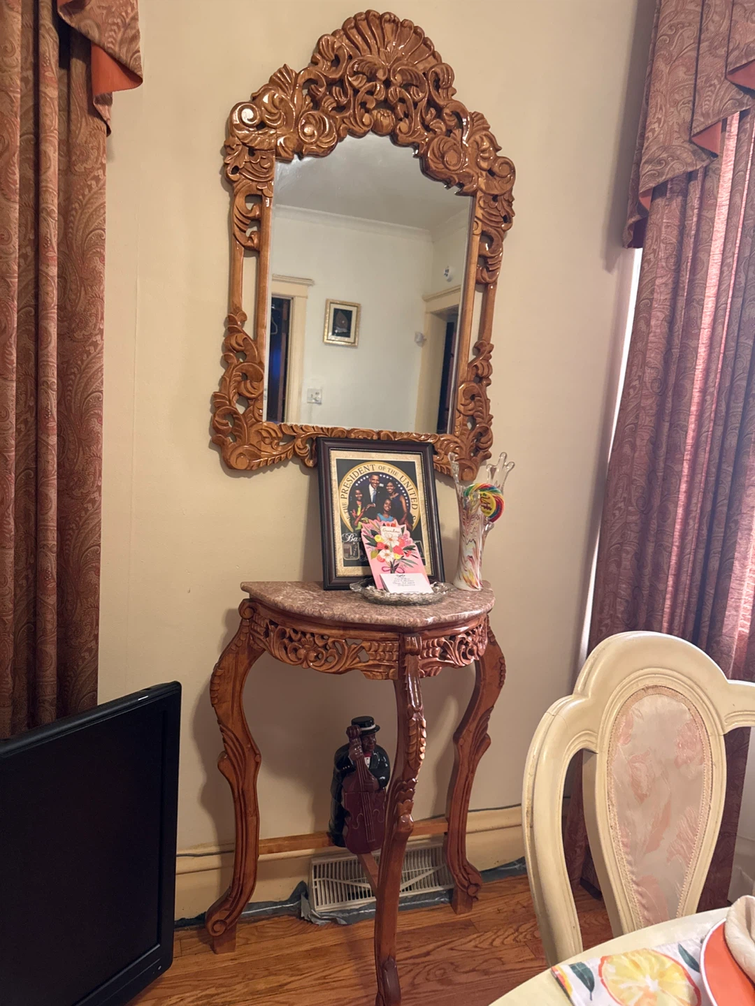 Vintage Ornate Wood Console Table with Marble Top