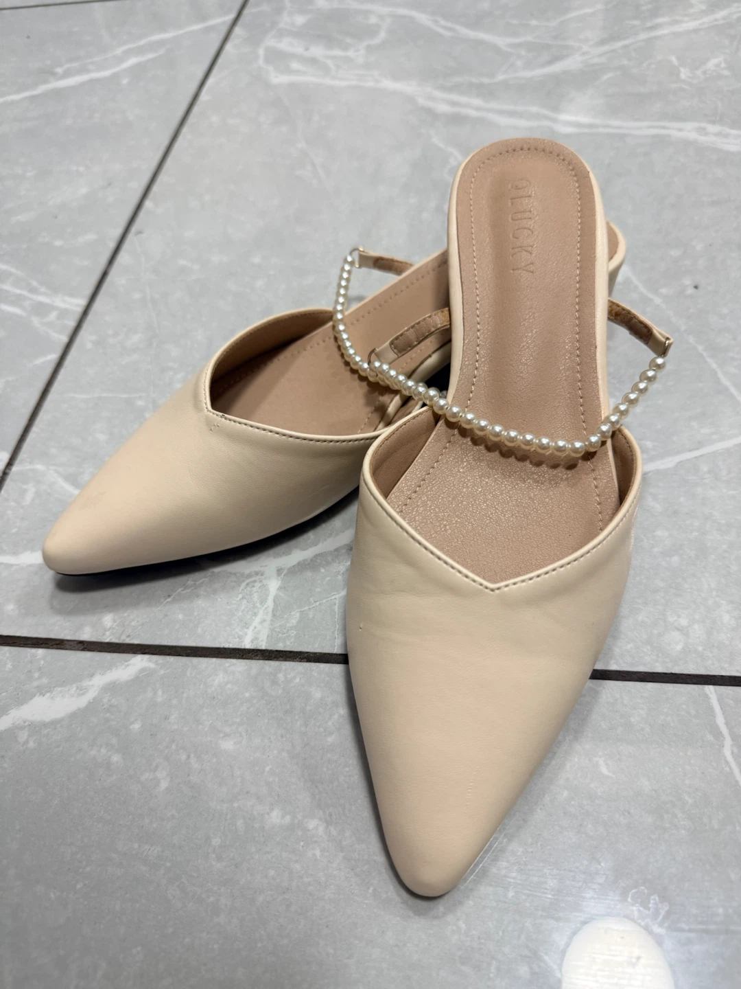 Pearl Strap Low Block Heel Mules