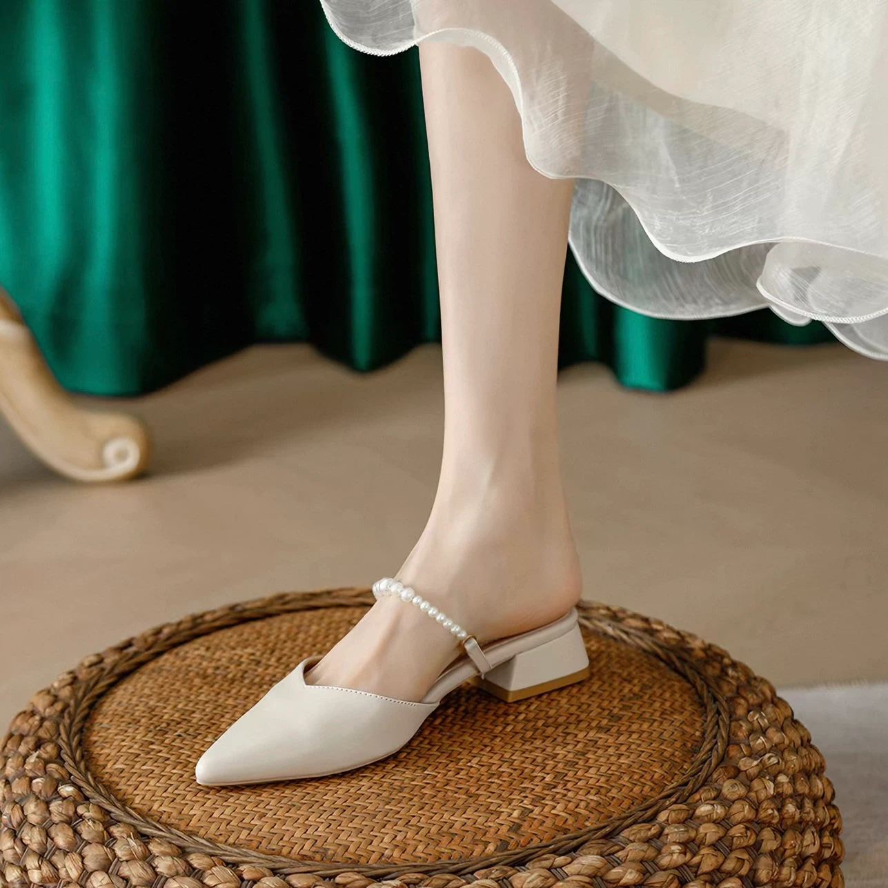 Pearl Strap Low Block Heel Mules - photo 2