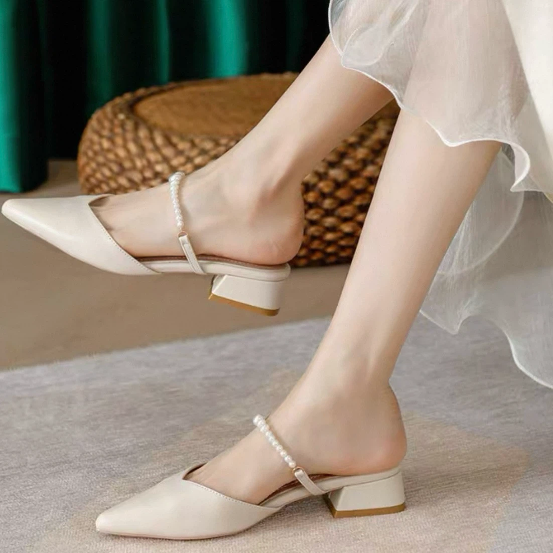 Pearl Strap Low Block Heel Mules - photo 3