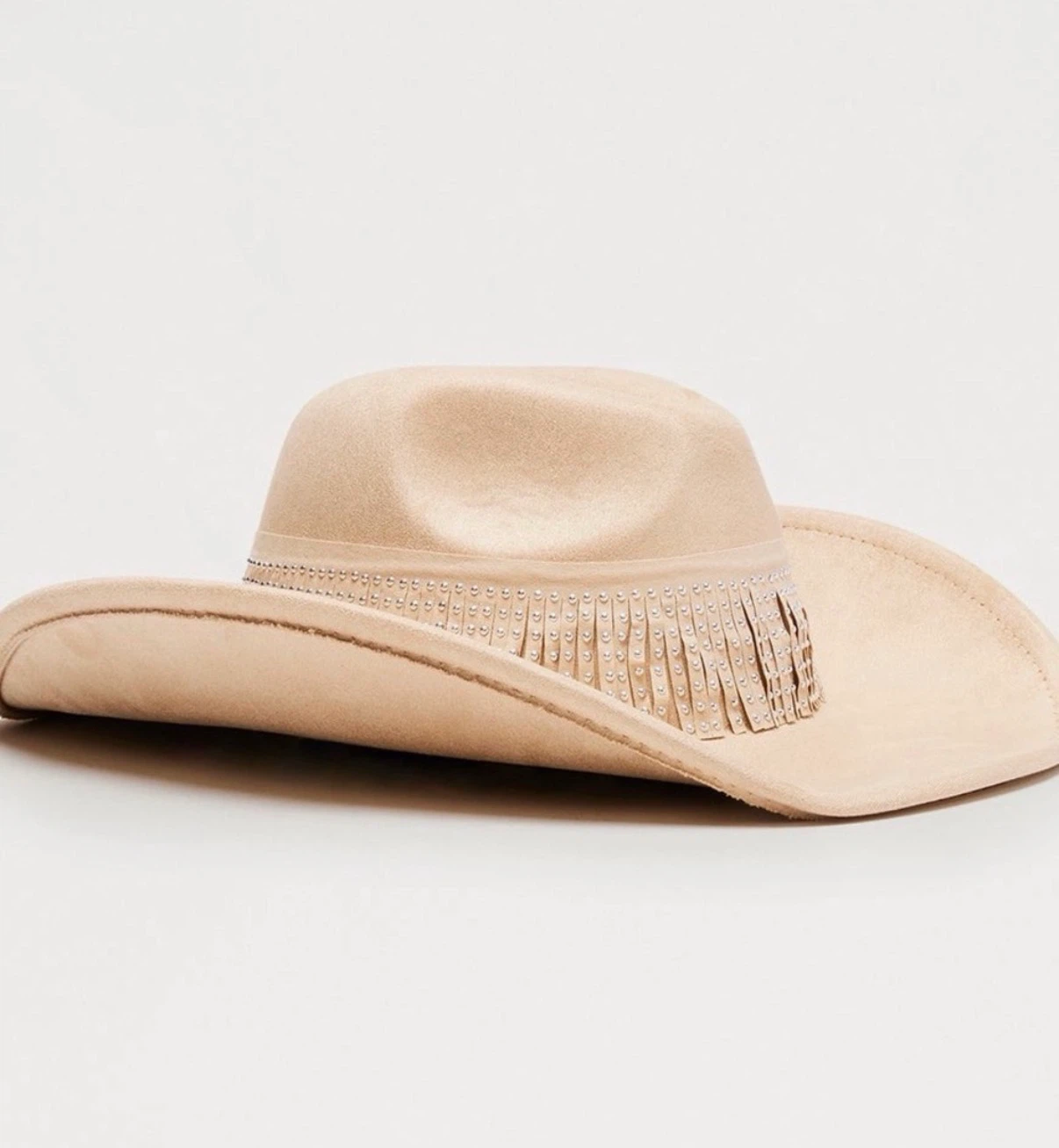 Beige Cowboy Hat with Fringe and Studs