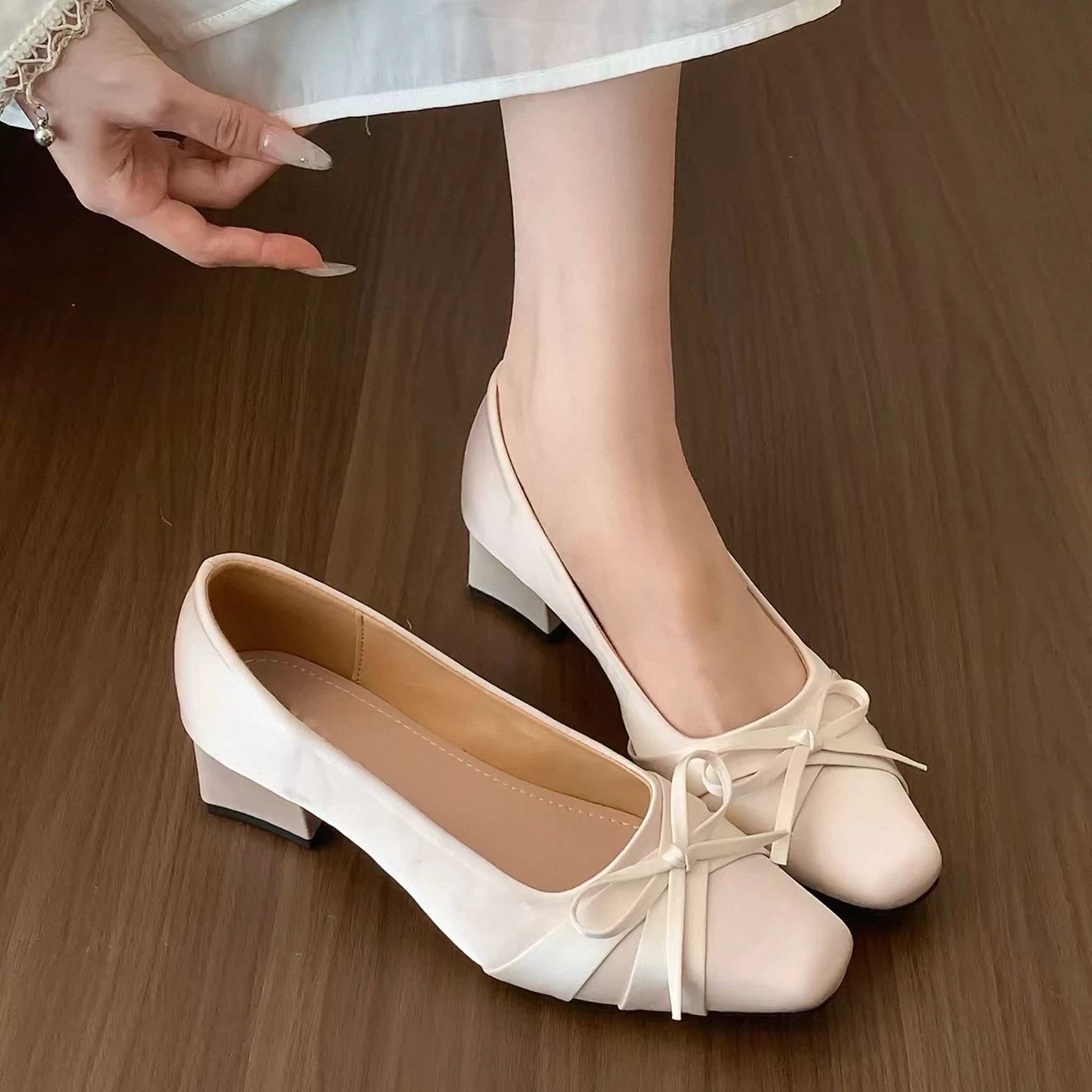 cream satin bow block heel pumps
