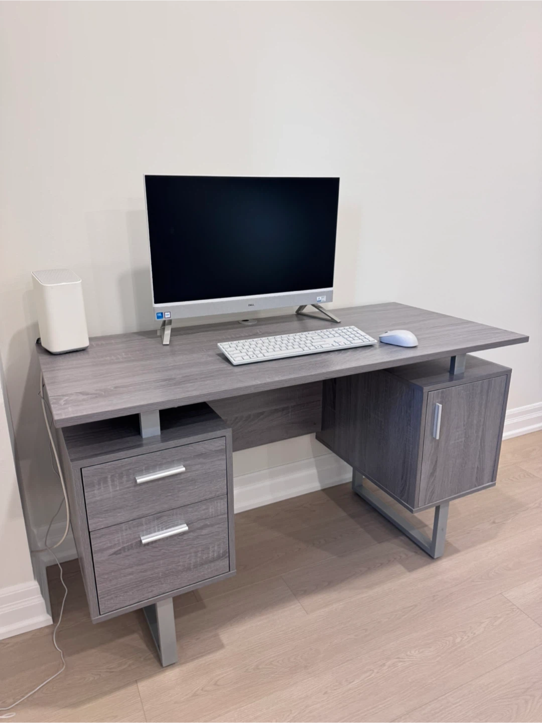 Modern Grey Wood Grain Desk with Storage