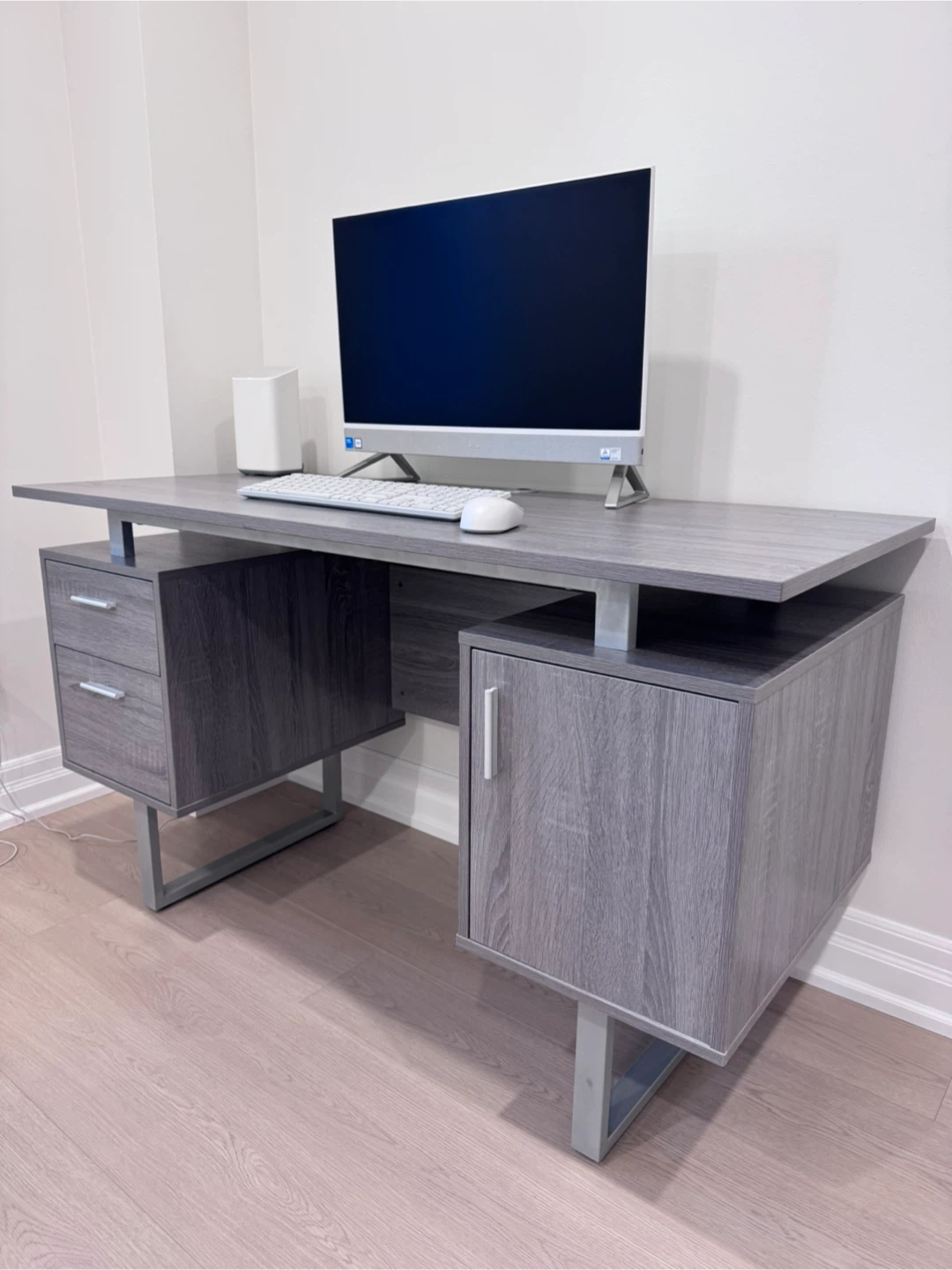 Modern Grey Wood Grain Desk with Storage - photo 2