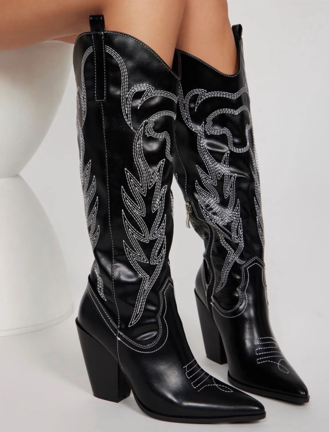 Black Western Cowboy Boots with White Stitching