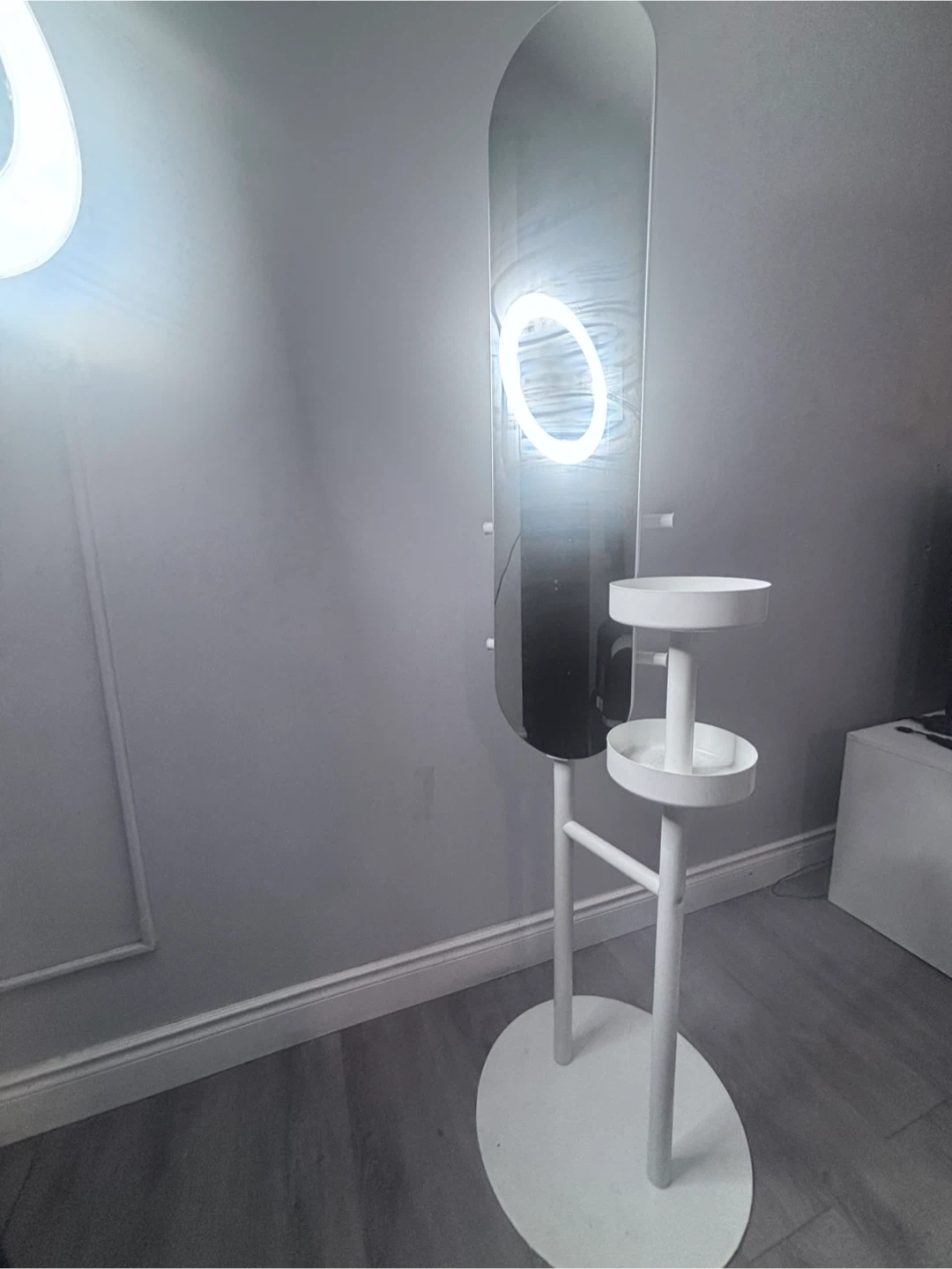White Standing Mirror with LED Ring Light and Shelves