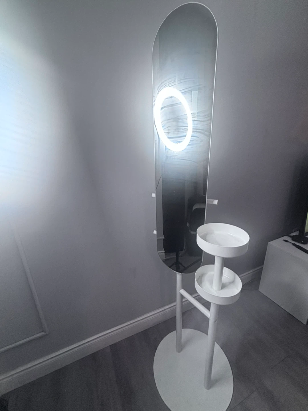 White Standing Mirror with LED Ring Light and Shelves - photo 2