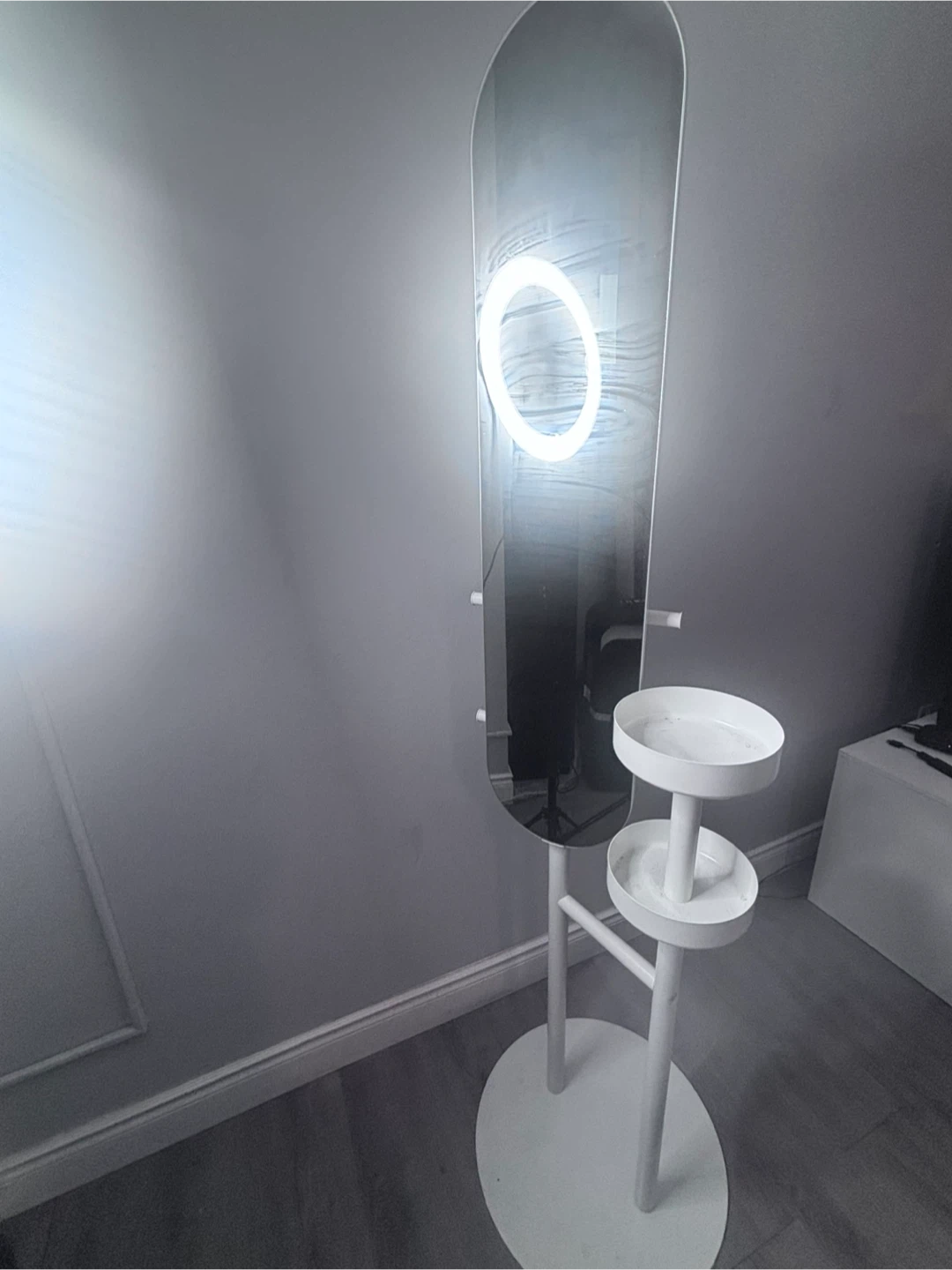 White Standing Mirror with LED Ring Light and Shelves - photo 3