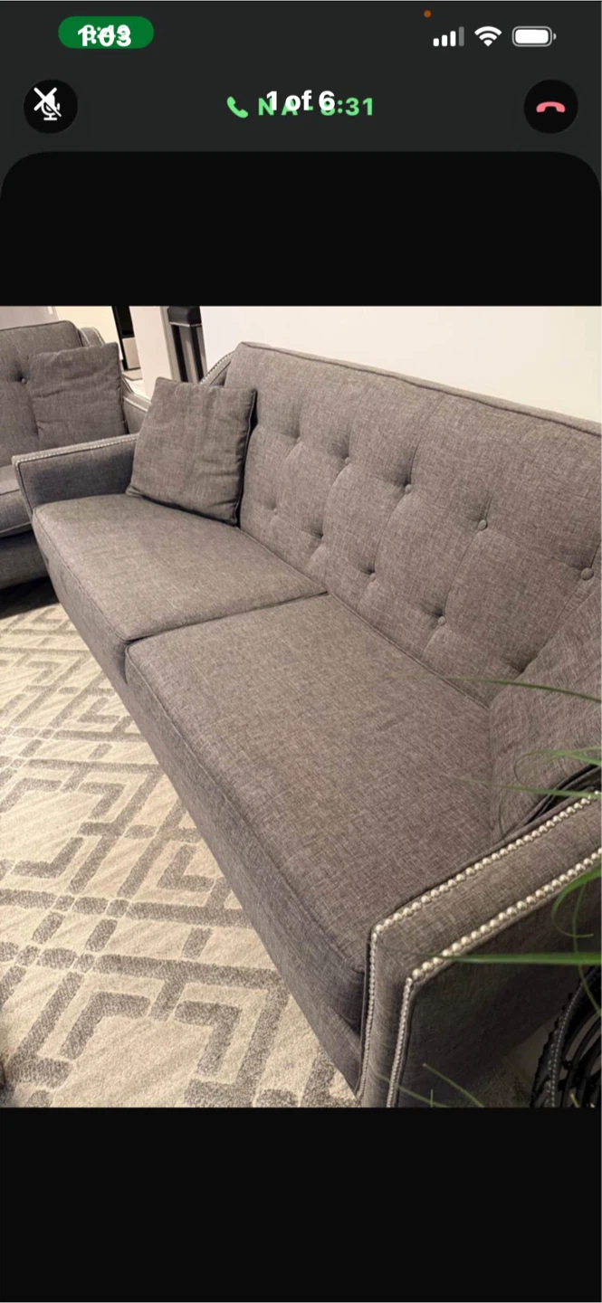 2 Grey tufted sofa with nailhead trim