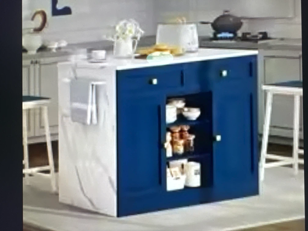 Blue Kitchen Island with Marble Countertop