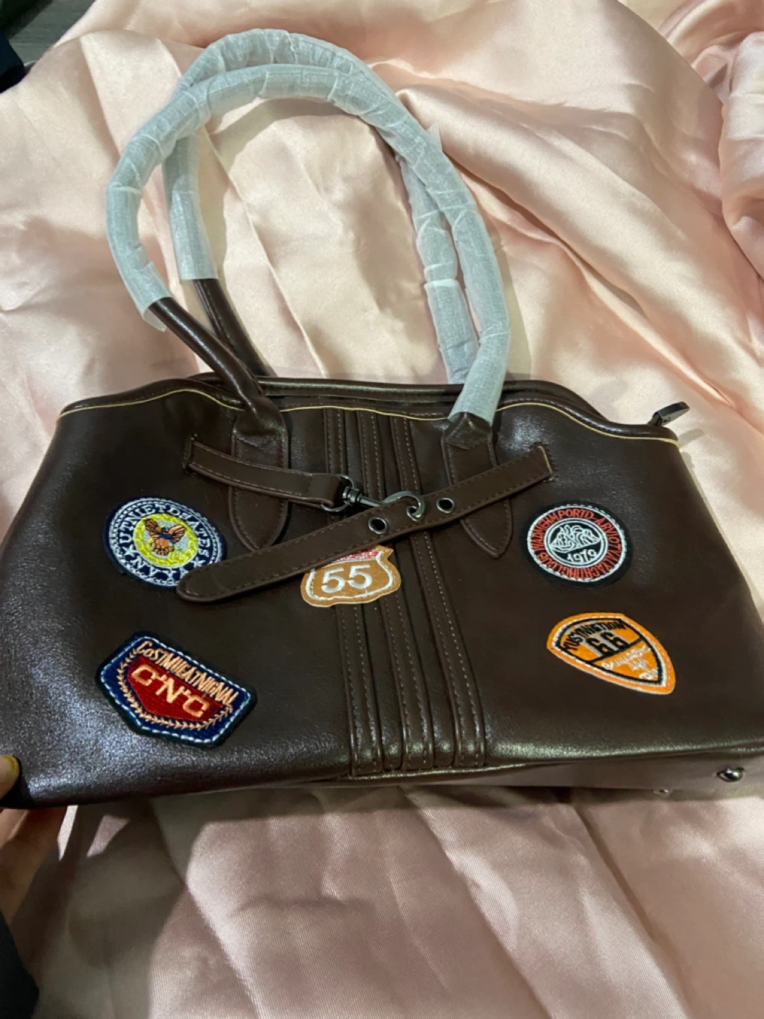 Brown Satchel Bag with Patches