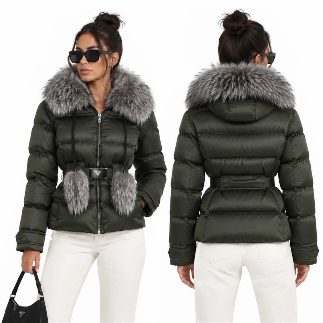 PRADA POM POM 29X275 DOWN FOX FUR BELTED JACKET SIZE 42/US 8