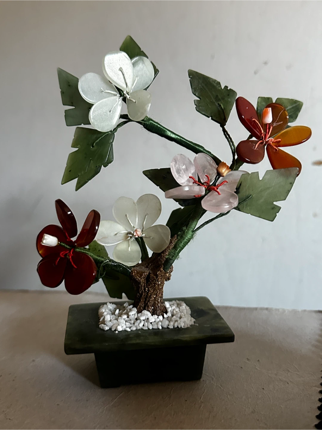 Vintage Chinese Carved Jade & Gemstone Bonsai Tree 6"