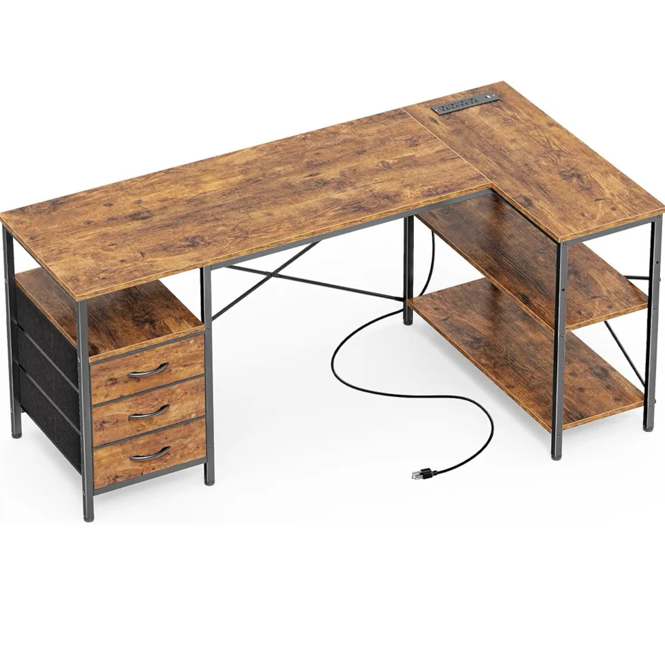 L-Shaped Desk with Drawers and Shelves