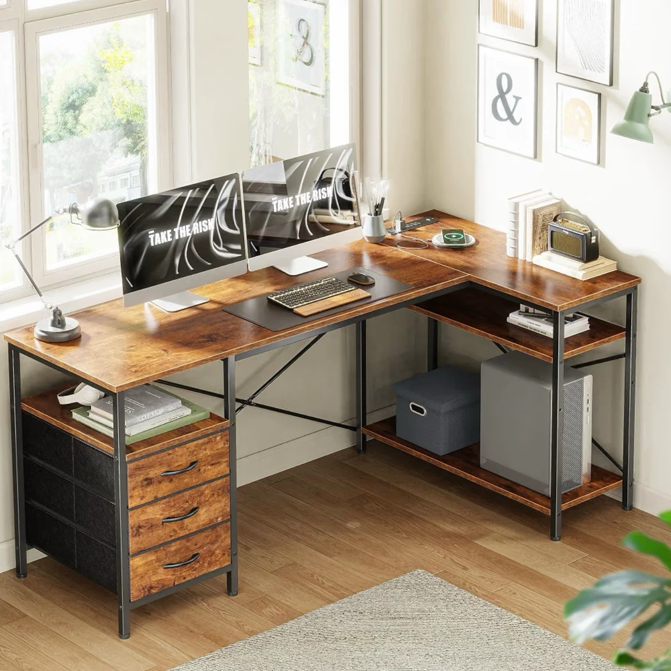 L-Shaped Desk with Drawers and Shelves - photo 2