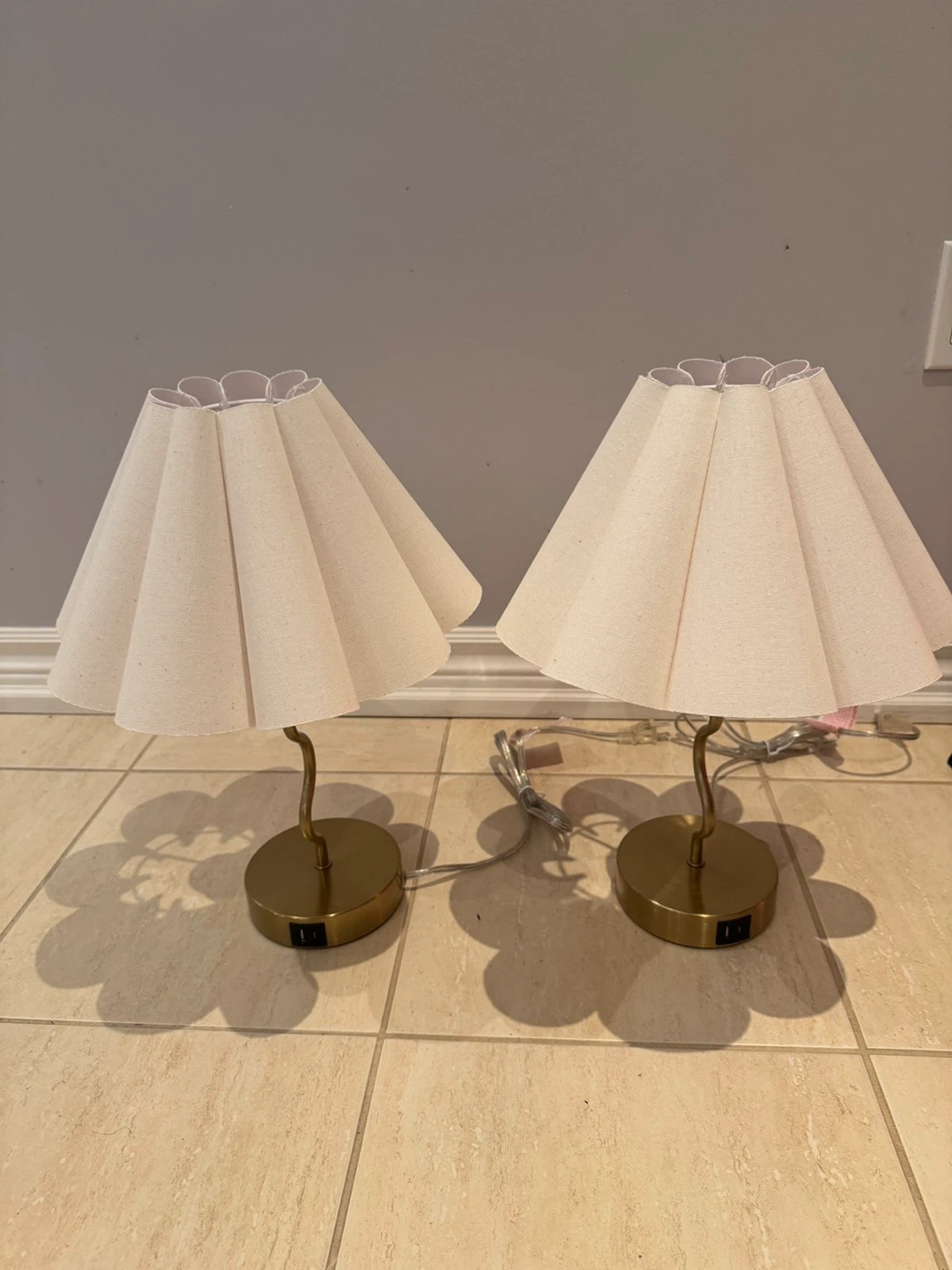 Pair of White Pleated Table Lamps with Brass Base