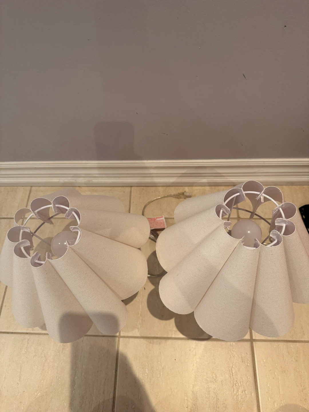 Pair of White Pleated Table Lamps with Brass Base - photo 5