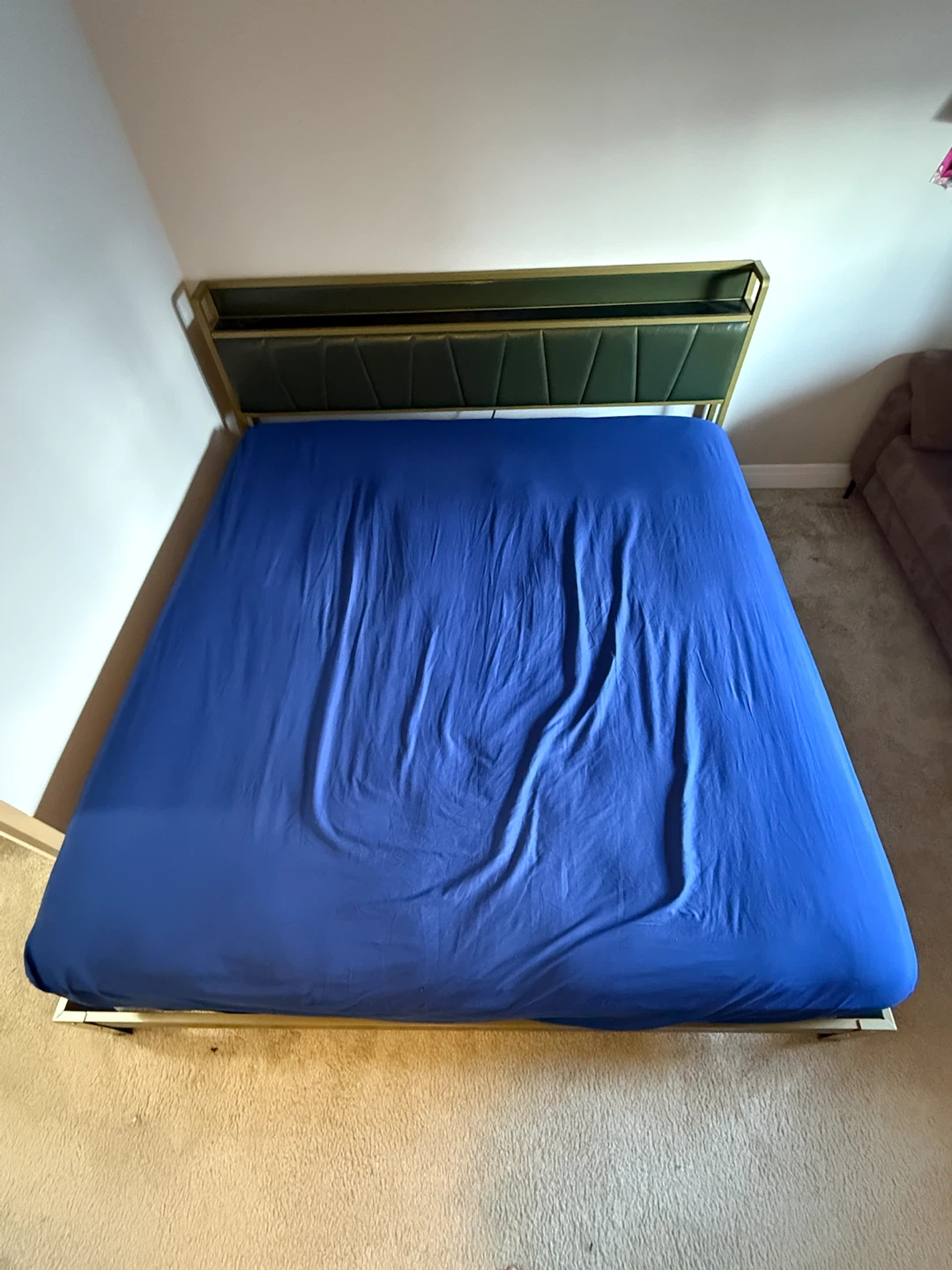 King size mattress and Metal Frame Bed with Green Headboard
