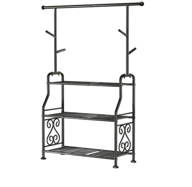 Black Metal Plant Stand with Hooks and Shelves