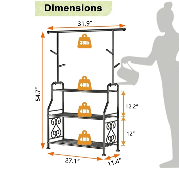 Black Metal Plant Stand with Hooks and Shelves - photo 2