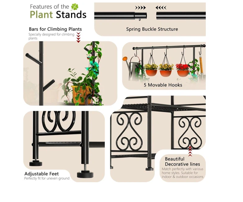 Black Metal Plant Stand with Hooks and Shelves - photo 3