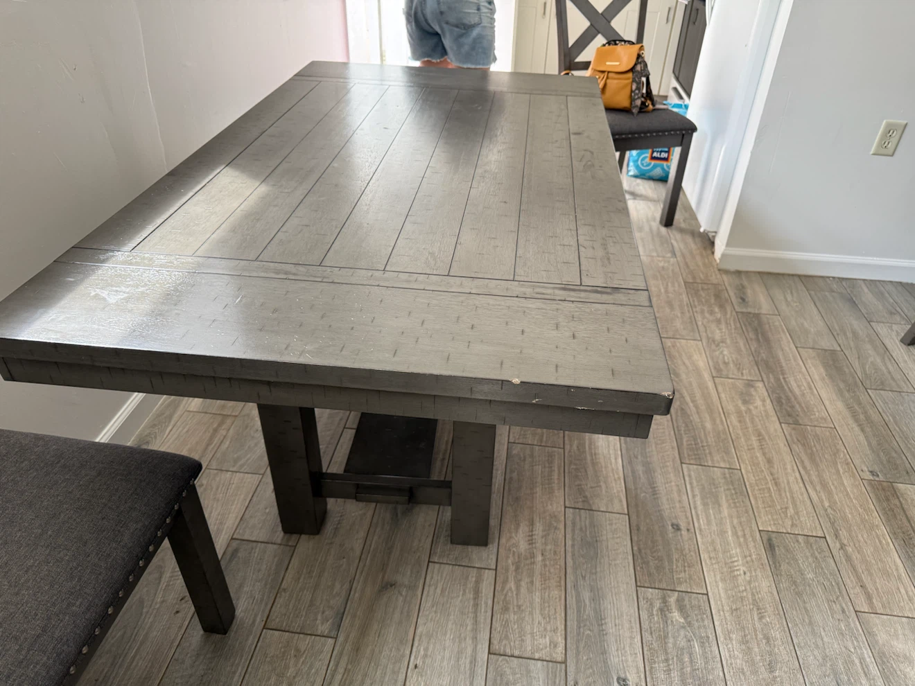 Rustic Gray Dining Table Set with Bench and Chairs